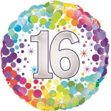 16th Rainbow Colourful Confetti 18 Inch Foil Balloon