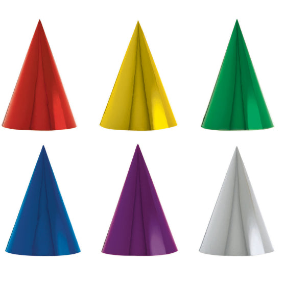 Foil Rainbow Party Cone Hats - Pack of 12
