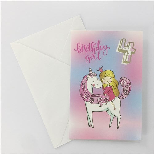 4th Birthday Greetings Card - Unicorn Princess Girl