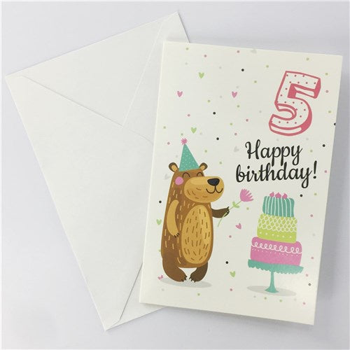 5th Birthday Greeting Card - Bear With Cake Girl