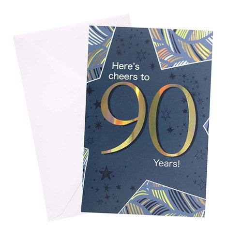 90th Birthday Greeting Card - Blue/Gold Cheers Male