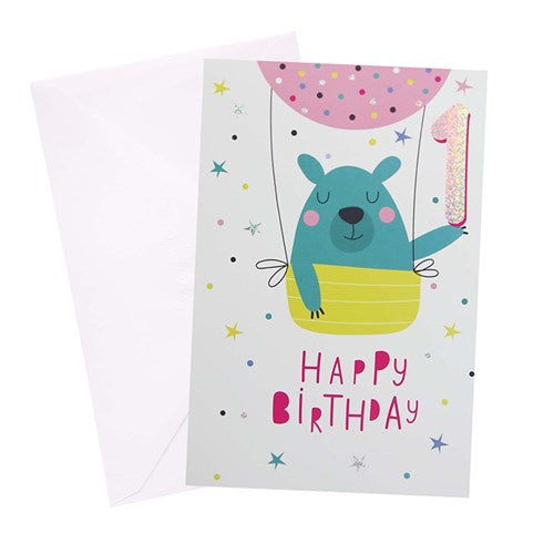 1st Birthday Greeting Card - Girl Bear