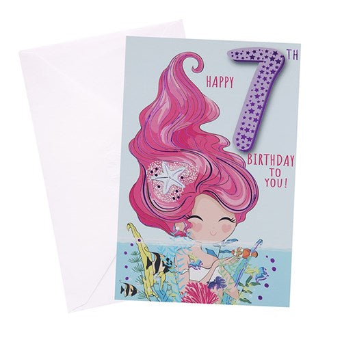 7th Birthday Greeting Card - Pink Mermaid Girl