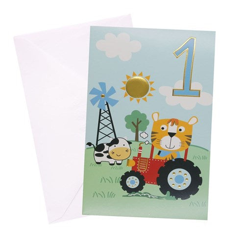 1st Birthday Greeting Card- Urban Farm Tractor