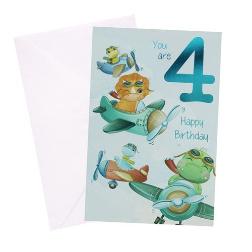 4th Birthday Greeting Card- Urban Flying Dinos