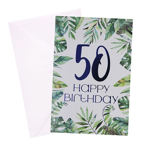 50th Birthday Greeting Card - Green Leaves Male