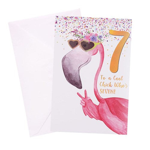7th Birthday Greeting Card - Pink Flamingo Girl