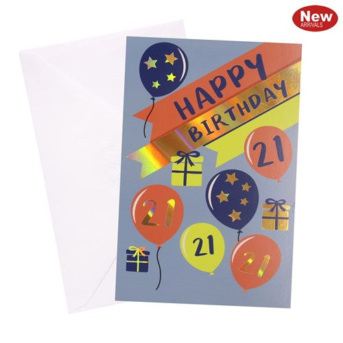 21st Birthday Greeting Card - Balloon And Gifts Boy