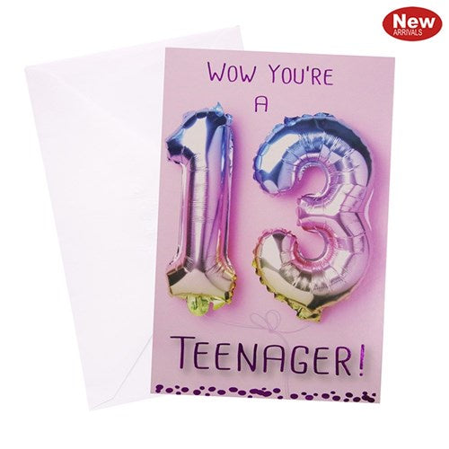 13th Birthday Greeting Card - Rainbow Balloon Girl