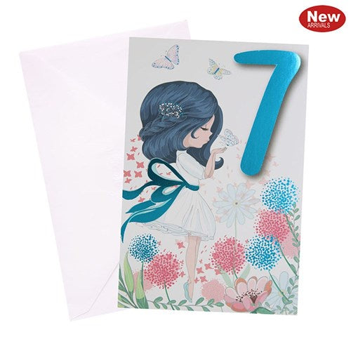 7th Birthday Greeting Card - Fairy Butterfly Garden Girl