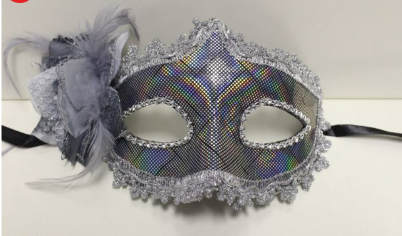 Eyemask Silver Holographic with Silver Lace & Grey Bow Feather