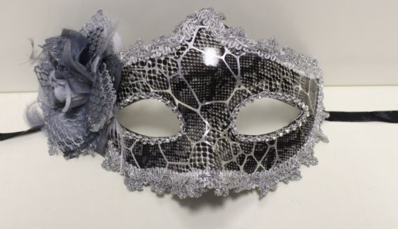Eyemask White Snake Print Black with Silver Lace & Grey Bow Feather