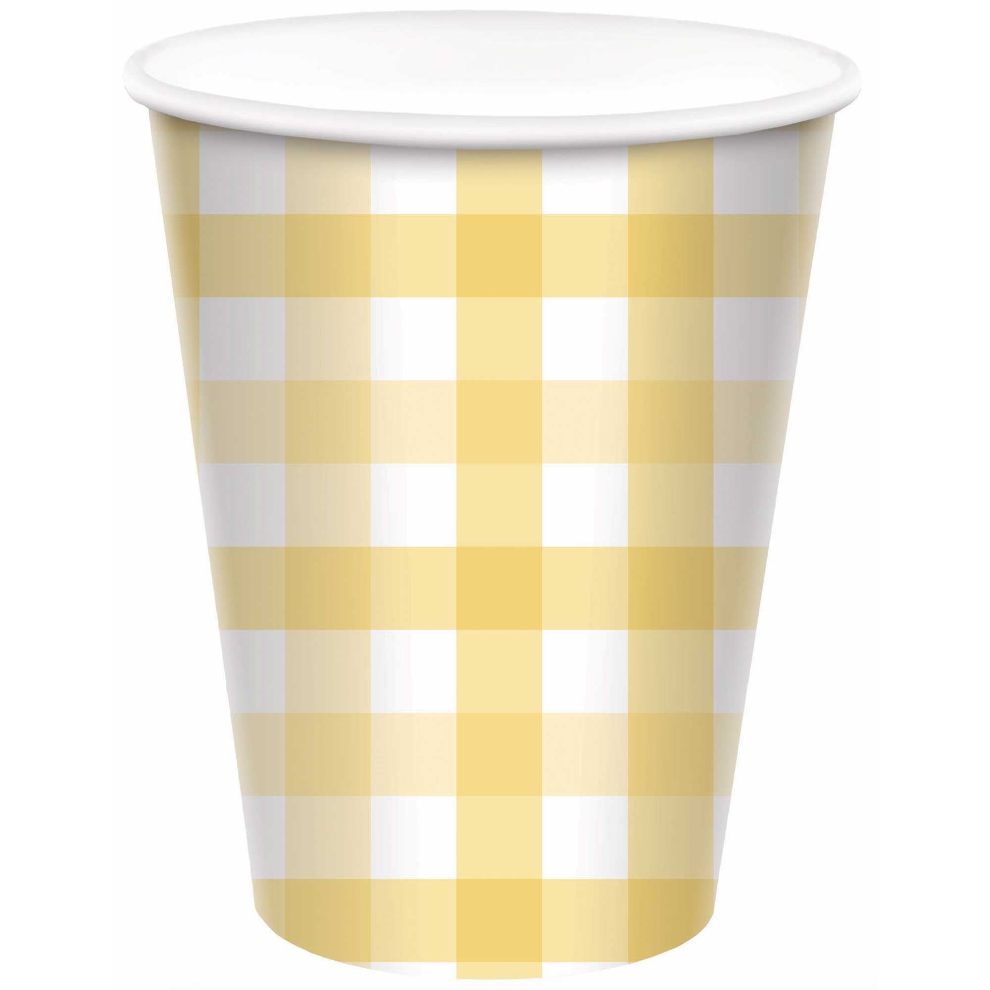 Gingham Pastel Yellow Paper Cups 266ml 8pack