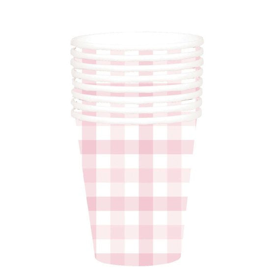 Gingham Pastel Pink Paper Cups 266ml 8pack