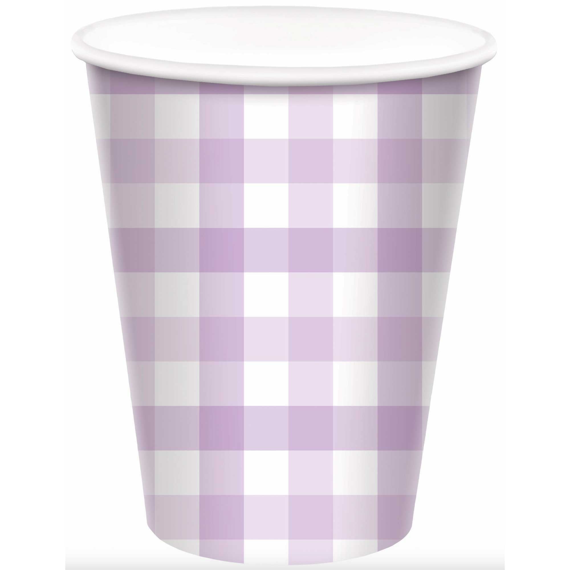 Gingham Pastel Purple Paper Cups 266ml 8pack