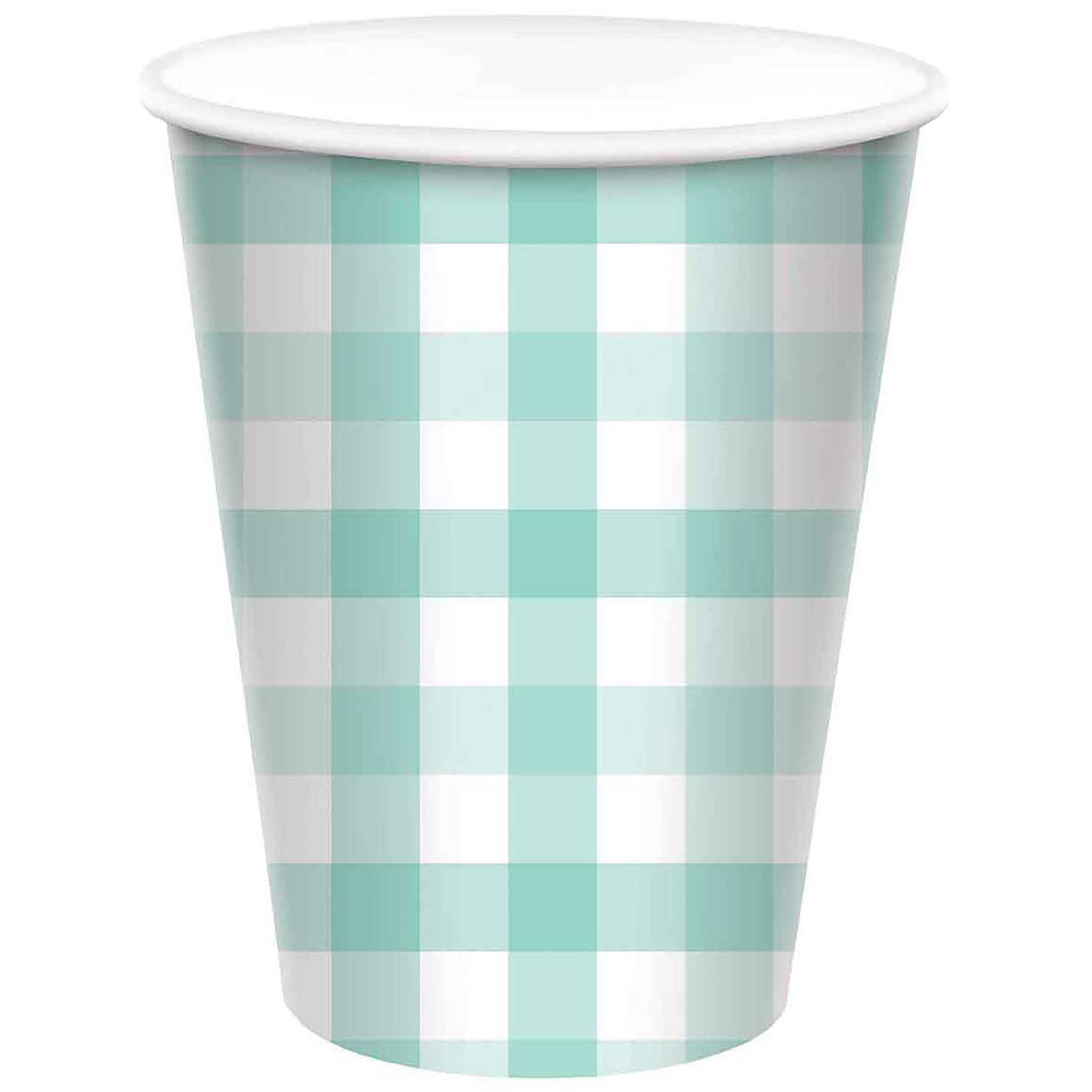 Gingham Pastel Mint Green Paper Cups 266ml 8pack