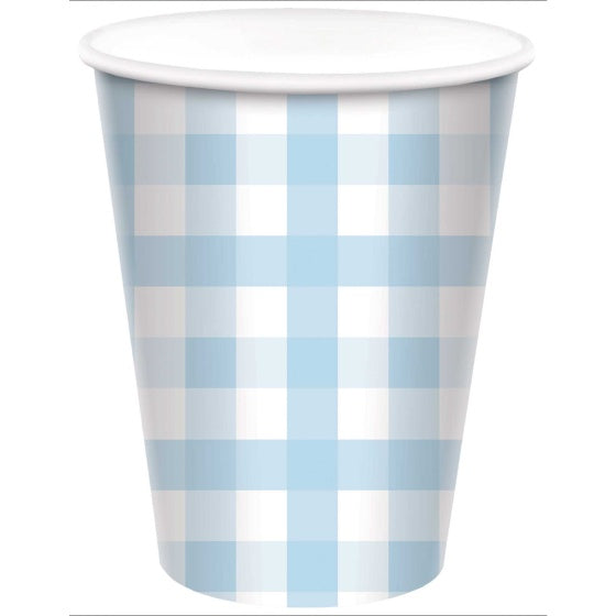 Gingham Pastel Blue Paper Cups 266ml 8pack