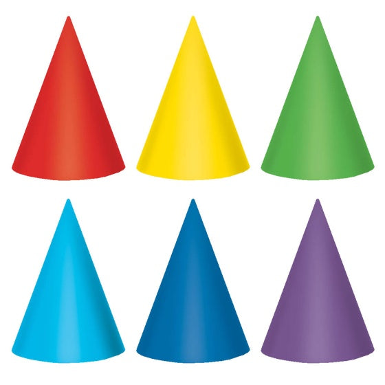 Party Cone Hats Primary Colours - Pack of 12