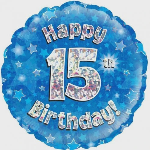 15th Birthday Blue Holographic 18 Inch Foil Balloon