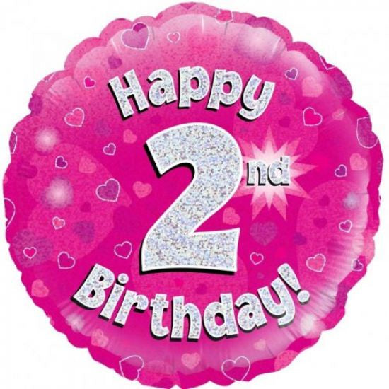 18inch Happy 2nd Birthday Pink Holographic Foil Balloon