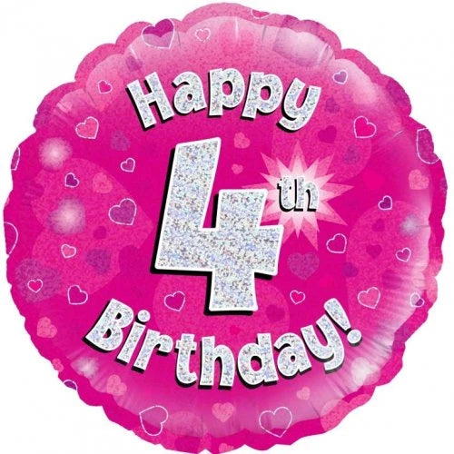 Happy 4th Birthday Pink Holographic Foil Balloon