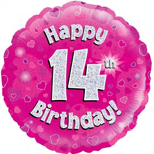 18inch Happy 14th Birthday Pink Holographic Foil Balloon