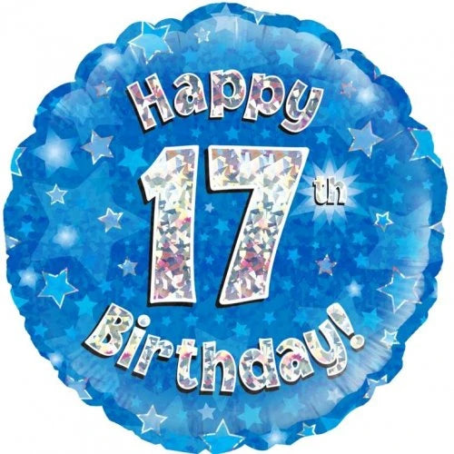 Happy 17th Birthday Blue Holographic 18in Balloon