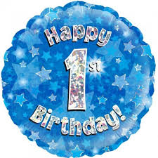 Holographic Blue Happy 1st Birthday Balloon