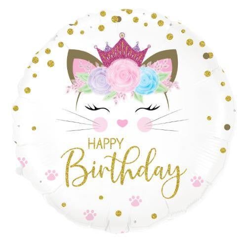 Floral Kitten Happy Birthday Holographic Foil Balloon