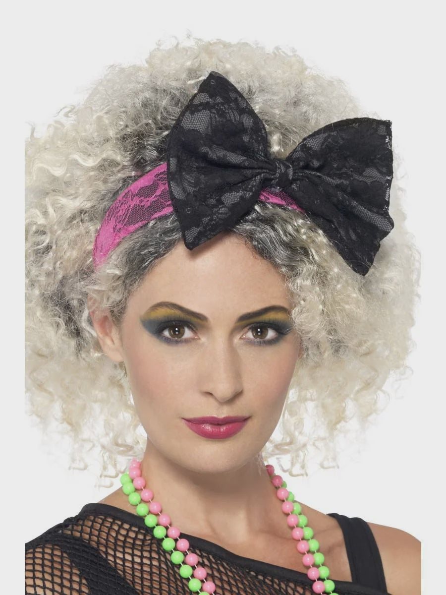 80s Lace Black and Pink Headband with Bow