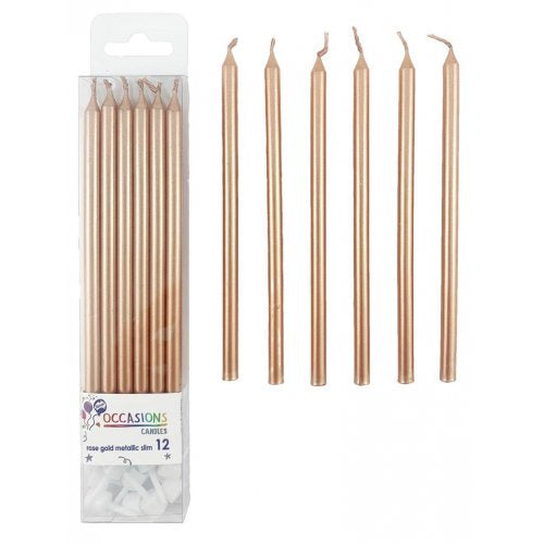 Rose Gold Metallic Slim Candles with Holders 12 pack