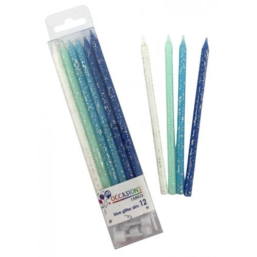 Blue Glitter Slim Candles with Holders 12 pack
