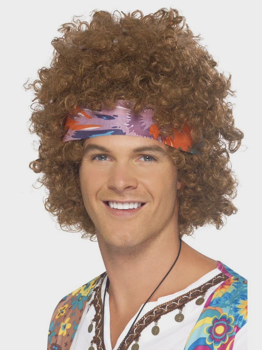 Mens Brown Hippie Afro Wig Set