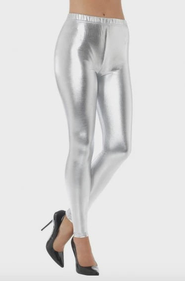 Metallic Silver Full Length Womens Disco Leggings