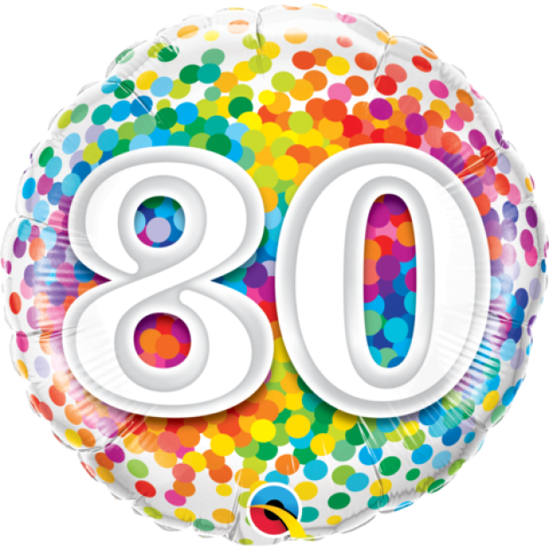 80th Rainbow Confetti 18 Inch Foil Balloon