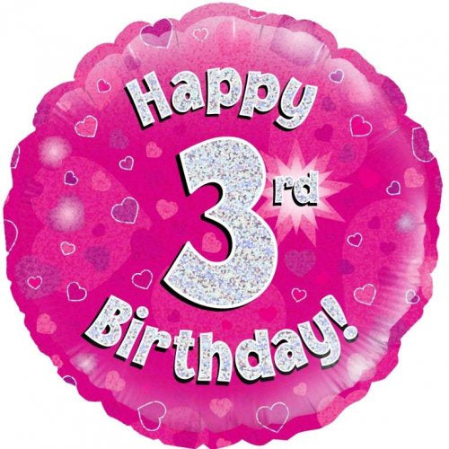 Happy 3rd Birthday Pink Holographic 18 inch Foil Balloon