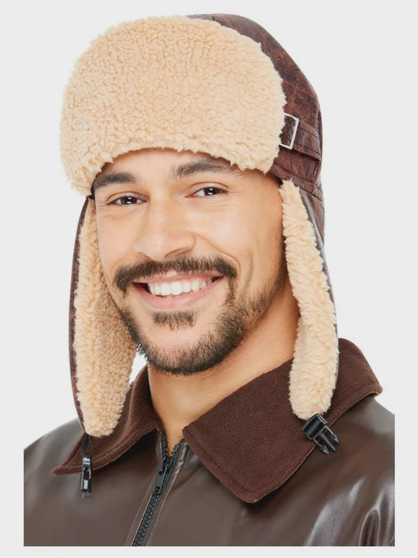 Brown Lined Aviator Hat with Fur Trim
