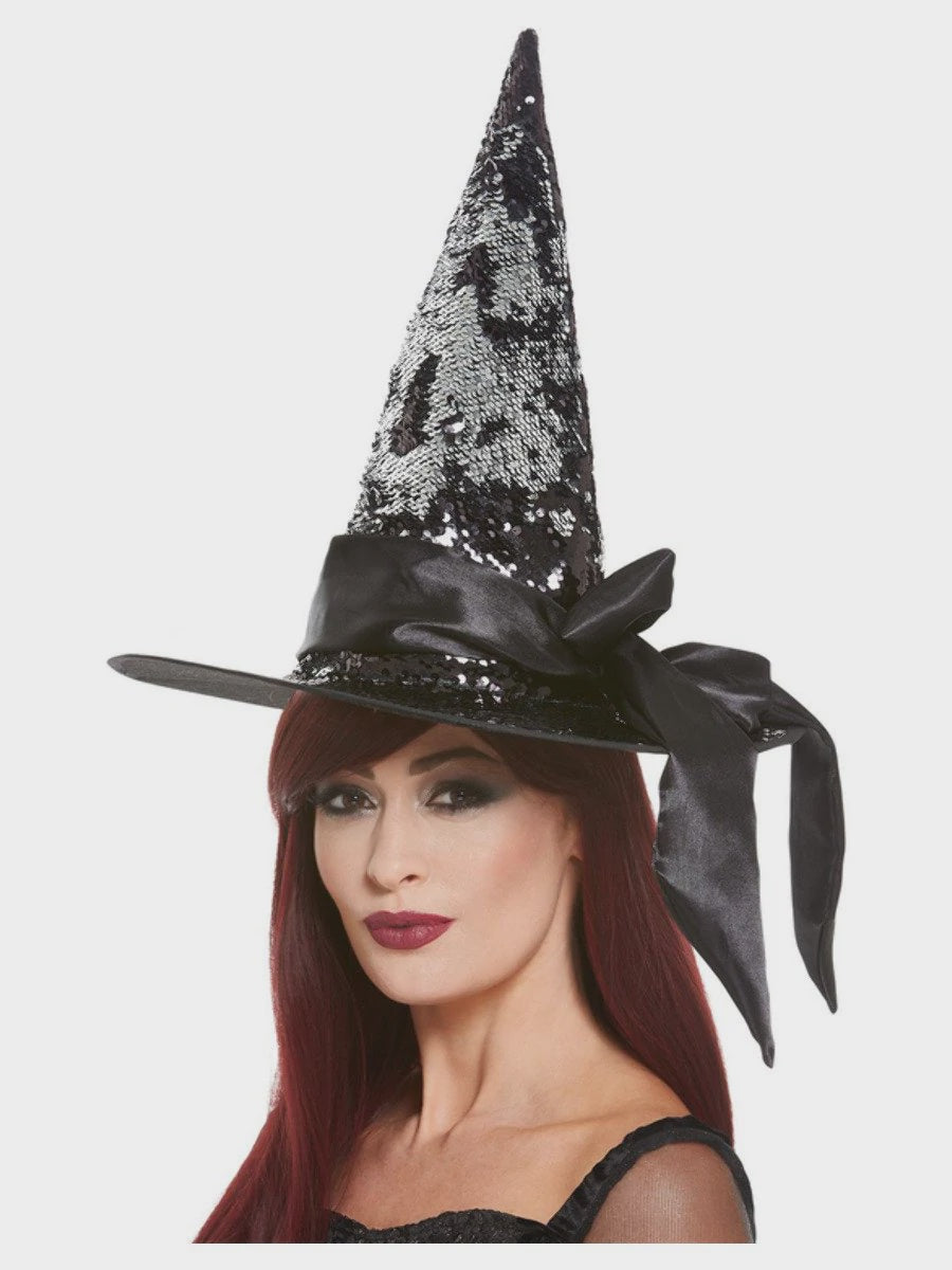 Deluxe Reversible Black & Silver Sequin Witch Hat