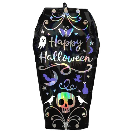 Holographic Iridescent Happy Halloween Coffin Supershape Foil Balloon