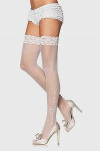 White Sheer Lace Top Stockings with Woven Bows and Floral Pattern