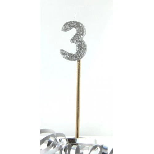 Silver Number 3 Candle On Stick