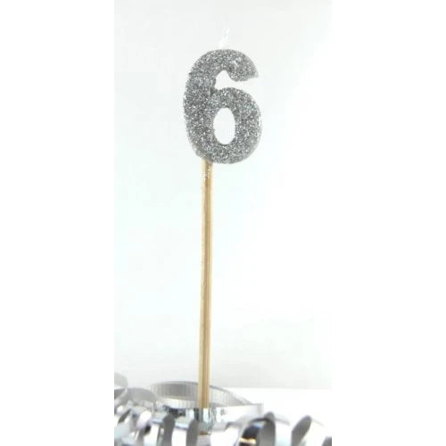 Silver Number 6 Candle on Stick
