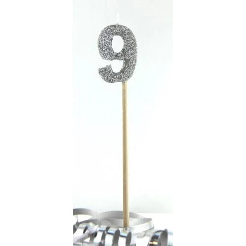 Silver Number 9 Candle On Stick