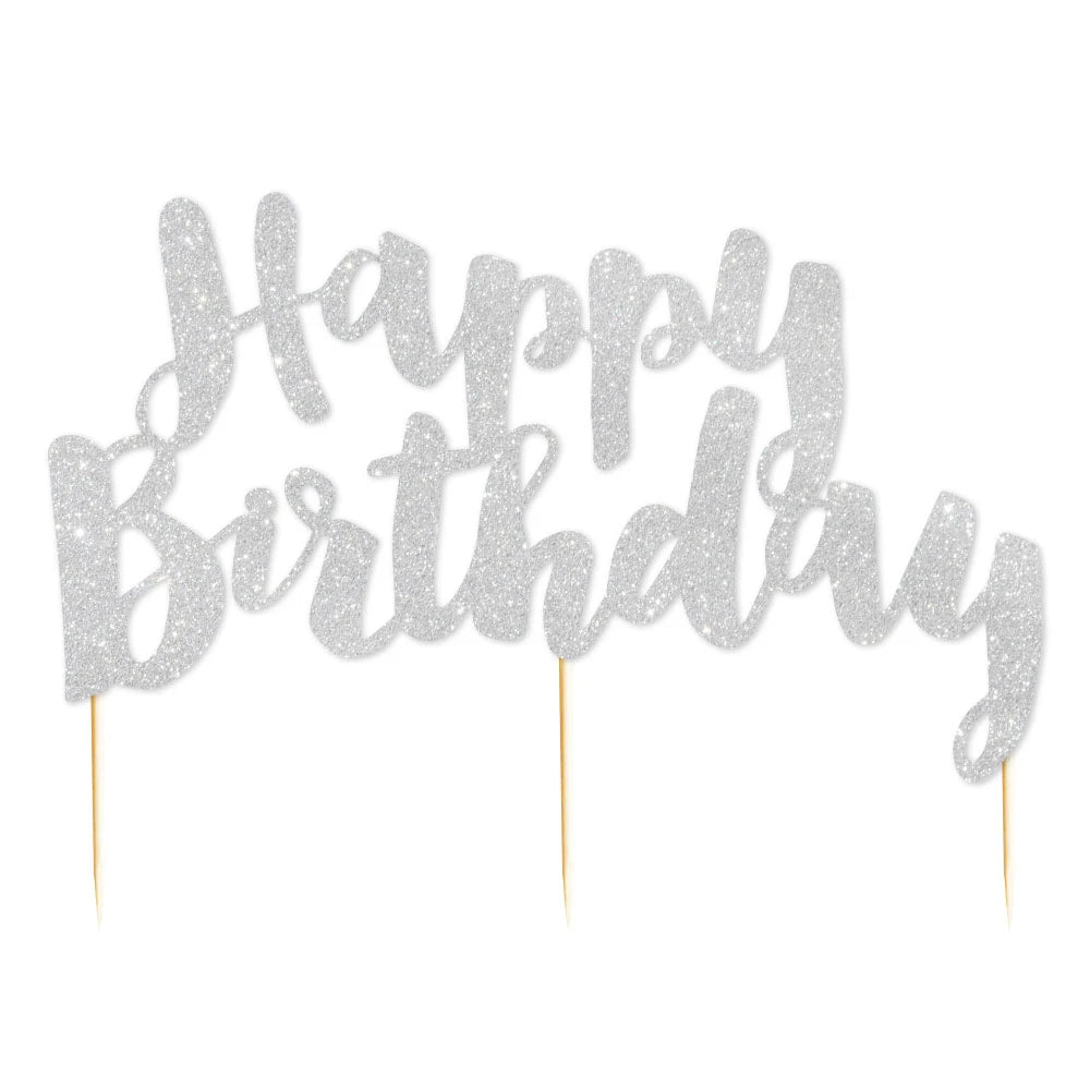 Illume Happy Birthday Silver Glitter Cake Topper