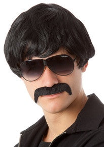 70s Detective Black Mod Costume Wig & Moustache Set