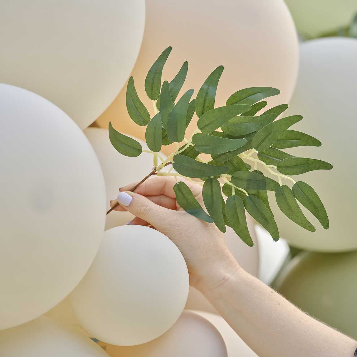 Ginger Ray Taupe, Peach & Sage Balloon Garland with Eucalyptus, Sage Foliage and Streamers
