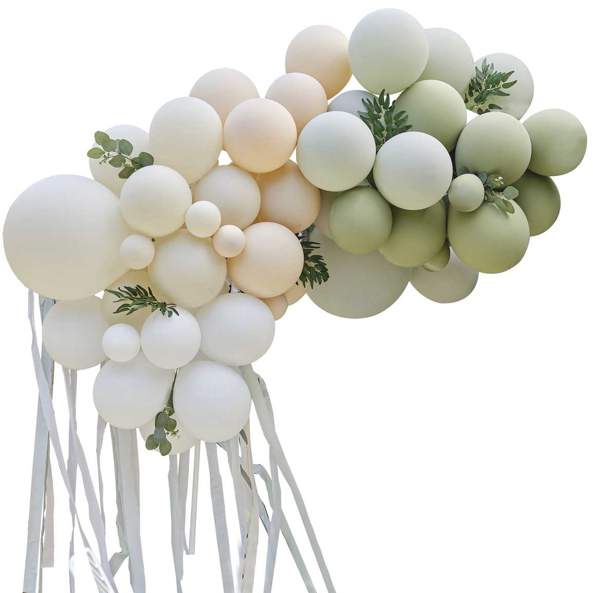 Ginger Ray Taupe, Peach & Sage Balloon Garland with Eucalyptus, Sage Foliage and Streamers