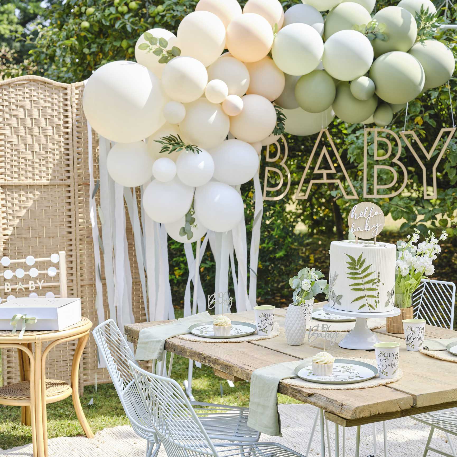 Ginger Ray Taupe, Peach & Sage Balloon Garland with Eucalyptus, Sage Foliage and Streamers