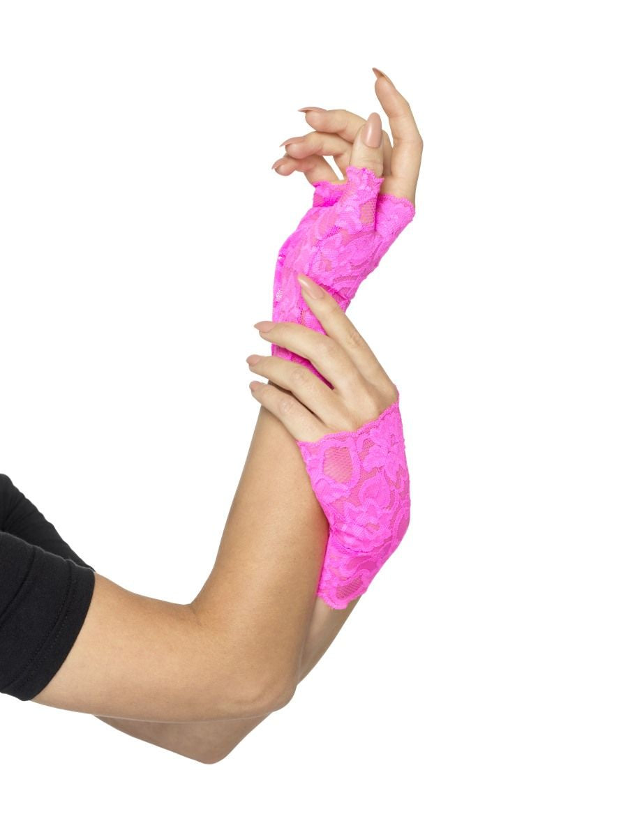 Neon Pink 80s Fingerless Lace Gloves