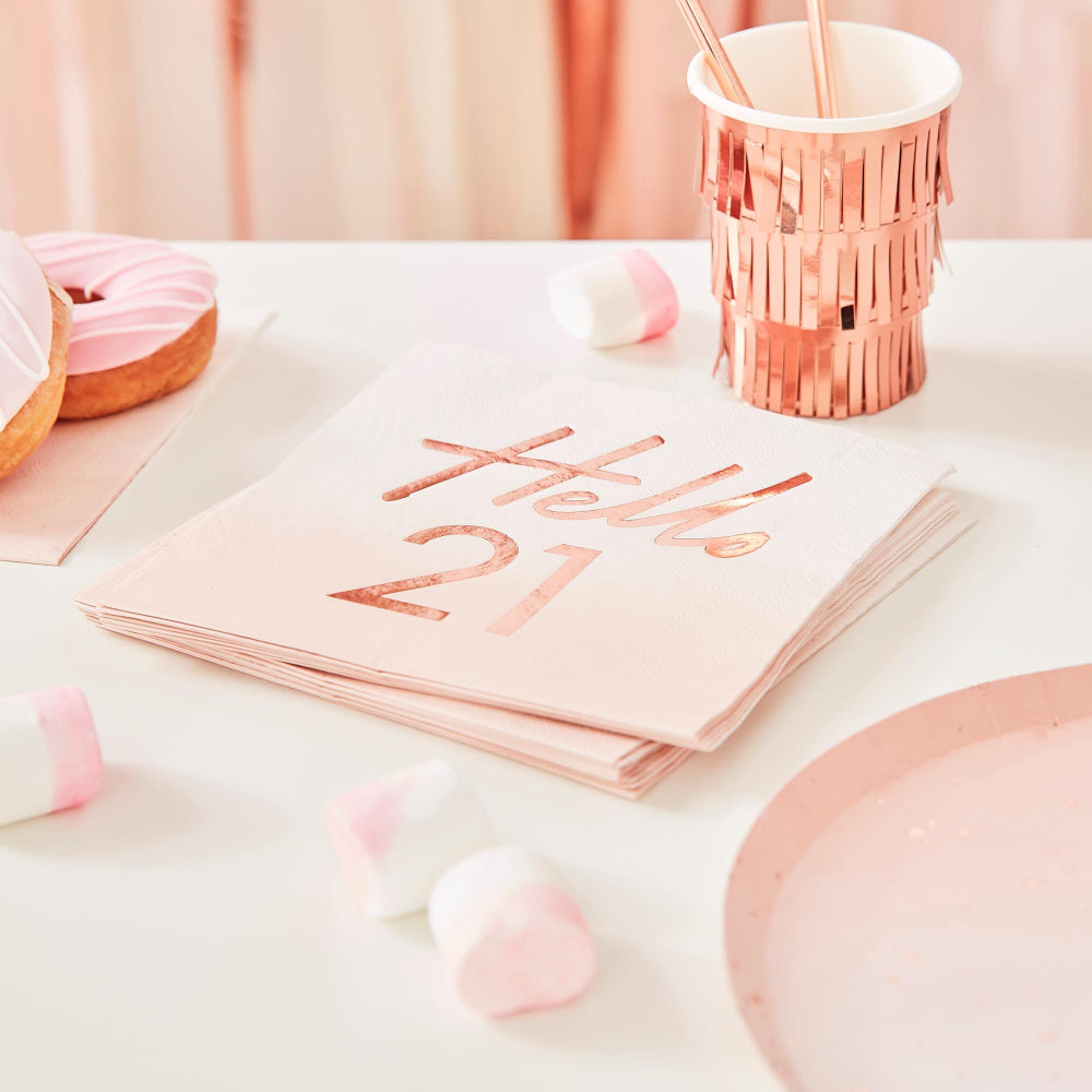 Ginger Ray 'Hello 21' Rose Gold Ombre Party Napkins (Pack of 16)